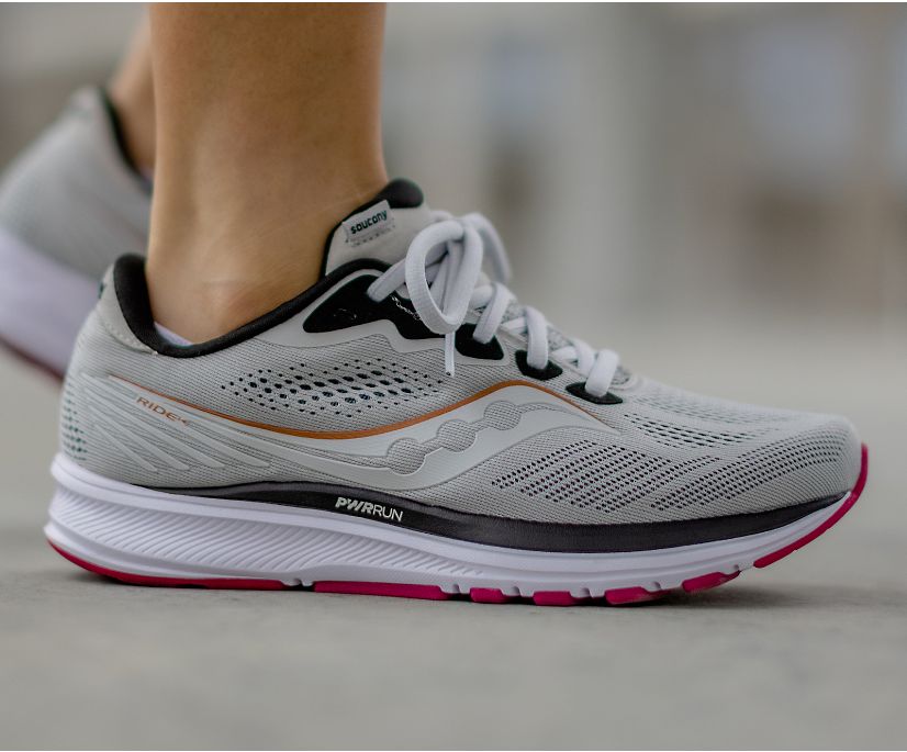 Grey / Pink Women's Saucony Ride 14 Wide Running Shoes | 9140-SJTPK