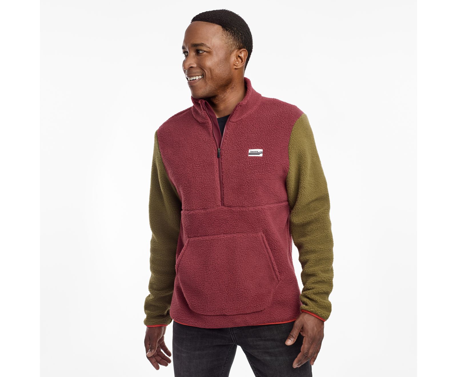 Olive / Burgundy Men\'s Saucony Fireside Fleece Anorak Jackets | 0943-KXGUV