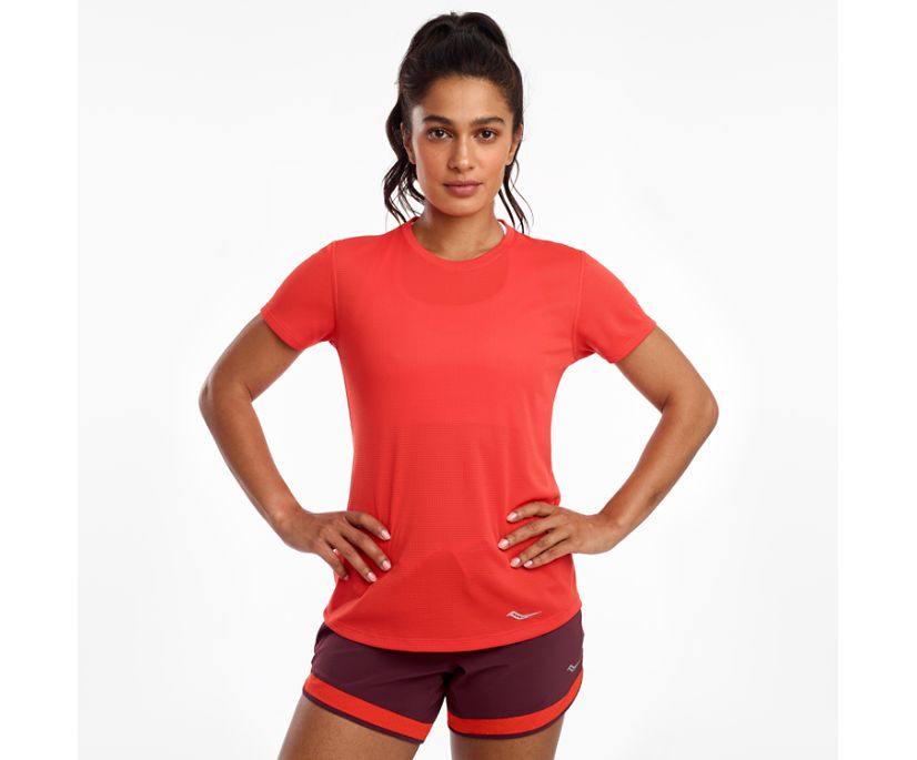 Red Women\'s Saucony Stopwatch Short Sleeve Shirts | 2380-EQHYT